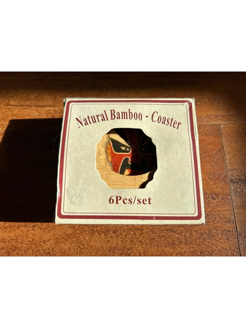 Natural Bamboo Coaster Set with Traditional Mask Design - 6 Pieces